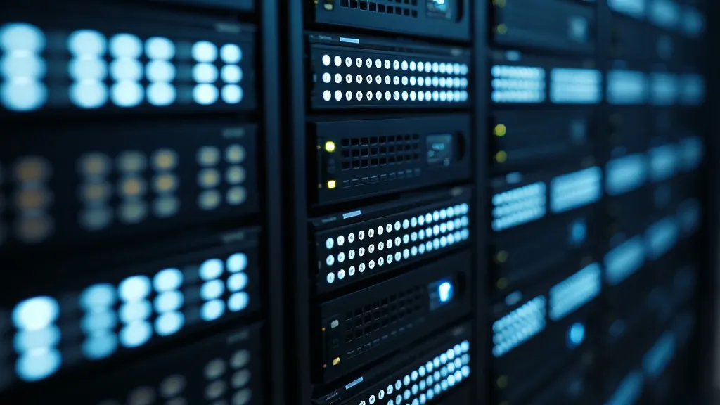 Close up of a server rack with blinking white LEDs, technica