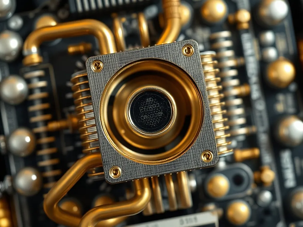 Close-up of a quantum processor cooling system, gold and sil